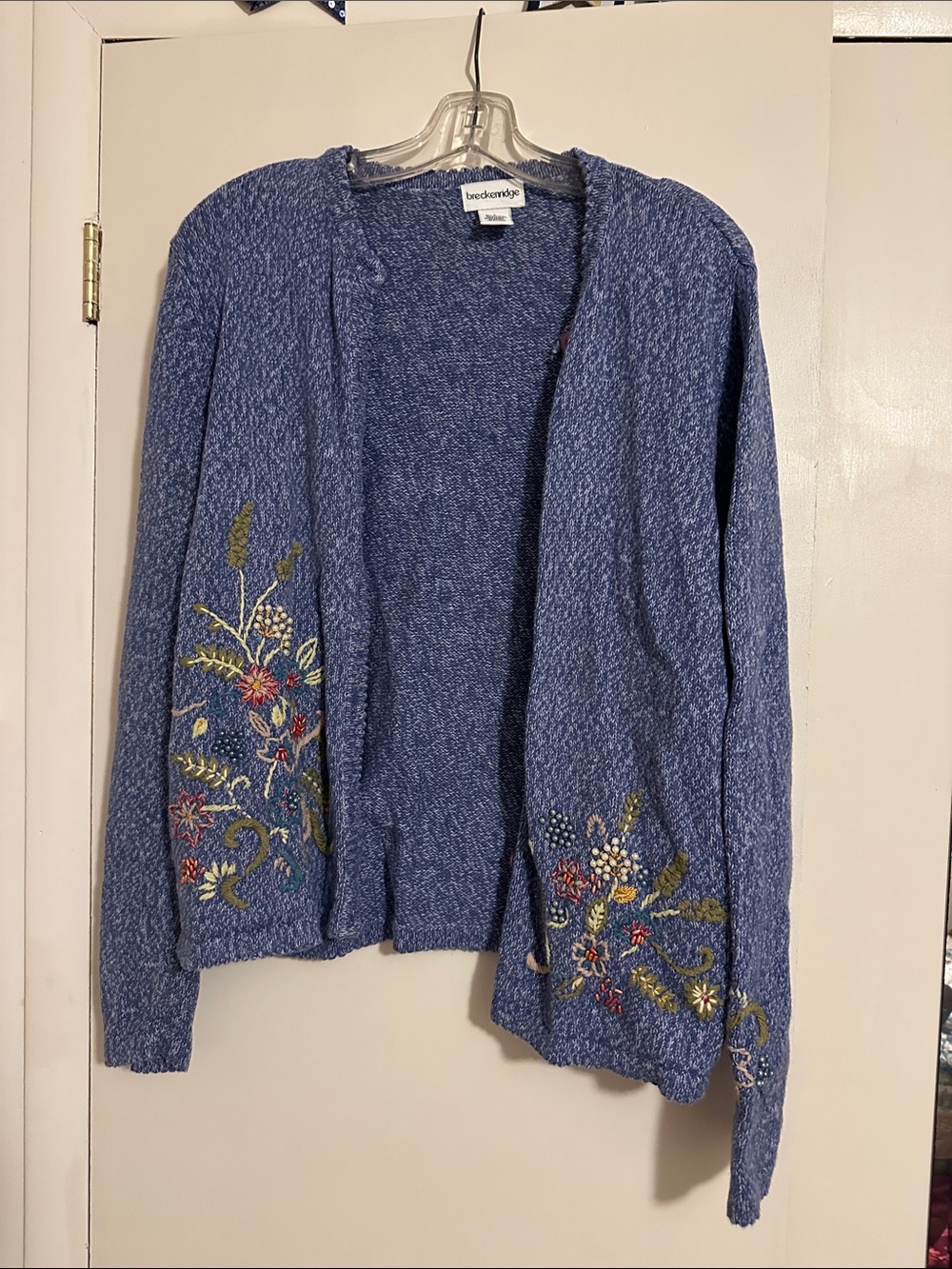 breckenridge Blue Open-Front Cardigan with Multicolor Floral Embroidery